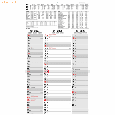 Zettler Dreimonatskalender Streifenplaner 955 33x58,8cm 2025 von Zettler