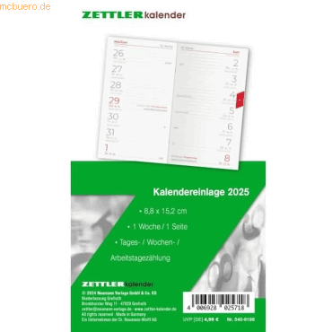 Zettler Ersatzeinlage 540 für Taschenkalender 8,8x15,2cm 1 Woche/1 Sei von Zettler