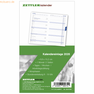 Zettler Kalenderersatzeinlage 520 8,8x15,2cm für Taschenplaner 1 Monat von Zettler