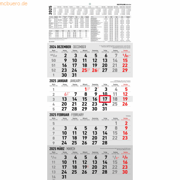 Zettler Viermonatskalender 960 30x62,8cm 2025 von Zettler