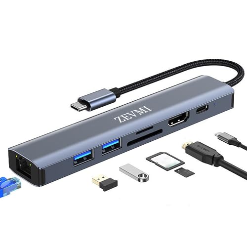USB C 3.0 Hub 7in1 Docking Station: 4K/60Hz, Speicherkarte/TF, Gigabit LAN Adapter, PD 100W, USB C Verteiler - HDMI - Ideal für MacBook, Samsung, Tablet, und mehr von Zevmi