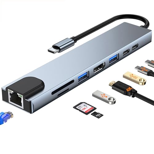 USB C Hub Multiport Adapter: 8 in 1 Docking Station mit 4K HDMI, PD 100W, USB 3.0/2.0 - RJ45 Ethernet, SD/TF Kartenleser, USB C Dongle Kompatibel mit MacBook Pro/Air, Laptop & Anderen Type C Geräten von Zevmi