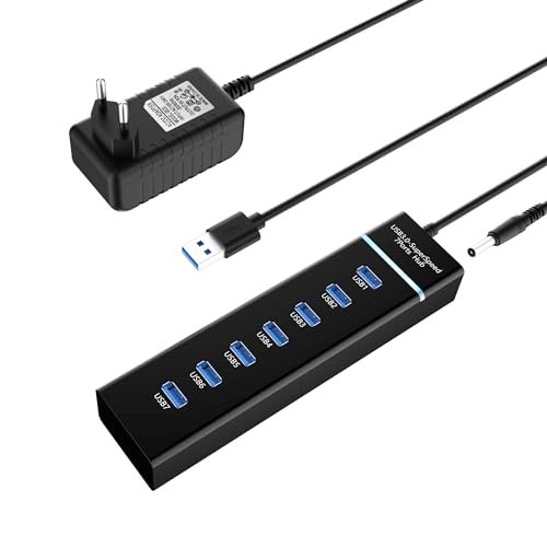 USB Hub Aktiv 3.0 mit Netzteil: 7 Ports USB Splitter Extender - Mehrfachstecker USB, USB Erweiterung, USB Multi Adapter für PC, Laptop, Flash Drives, Mobile HDD von Zevmi