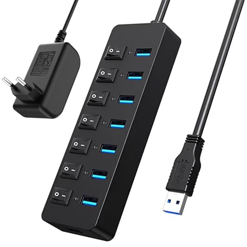 USB Hub Aktiv 3.0 mit Netzteil: 7 Ports USB Splitter Extender - Mehrfachstecker USB mit Individuellen Schalter, USB Erweiterung, USB Multi Adapter für PC, Laptop, Flash Drives, Mobile HDD von Zevmi