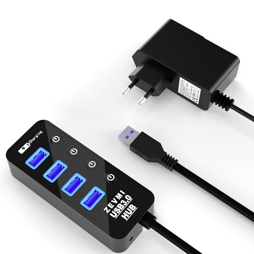 USB Hub Aktiv 3.0 mit Netzteil: USB Splitter mit Schalter und 1.2M Cable - USB Port Verteiler Steckdose, USB Mehrfachstecker, Mehrfach USB Adapter für PC, Laptop, MacBook und mehr von Zevmi