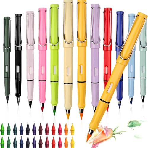 Zhenghebuy Bunte Ewiger Bleistift mit Radiergummi 12 Stück Tintenlose Bleistifte Ewig,Forever Buntstifte mit 24 Austauschbaren Spitzen,Wiederverwendbar Bleistift für Kinder Schüler Büro Schule von Zhenghebuy