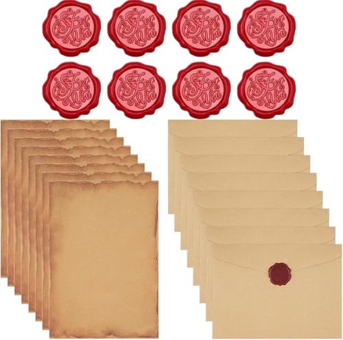 Zhenghebuy Vintage-papier Umschläge Briefpapier Set,24 Stück Vintage Kraftpapier Umschläge mit 8 Kraftpapier Umschläge,8 Briefpapier und 8 Wachssiegel-aufkleber Liebesbrief für Hochzeit,Geburtstag von Zhenghebuy