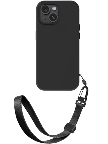 ZhinkArts - Handschlaufe mit Handyhülle kompatibel mit iPhone 13 Pro - Handykette zum Umhängen - Band/Schnur abnehmbar - Silikon - Schwarz von ZhinkArts