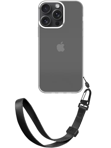 ZhinkArts - Handschlaufe mit Handyhülle kompatibel mit iPhone 14 Pro - Handykette zum Umhängen - Band/Schnur abnehmbar - Clear - Schwarz von ZhinkArts