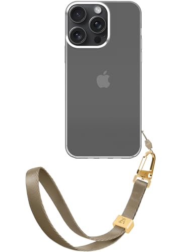 ZhinkArts - Handschlaufe mit Handyhülle kompatibel mit iPhone 14 Pro Max - Handykette zum Umhängen - Band/Schnur abnehmbar - Clear - Taupe - Beige von ZhinkArts