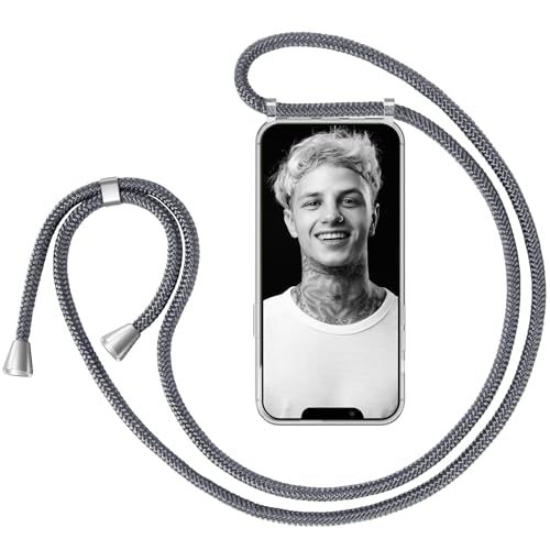 ZhinkArts Handykette kompatibel mit Apple iPhone 12/12 Pro - 6,1" Display - Smartphone Necklace Hülle mit Band - Schnur mit Case zum umhängen in Dunkelgrau von ZhinkArts