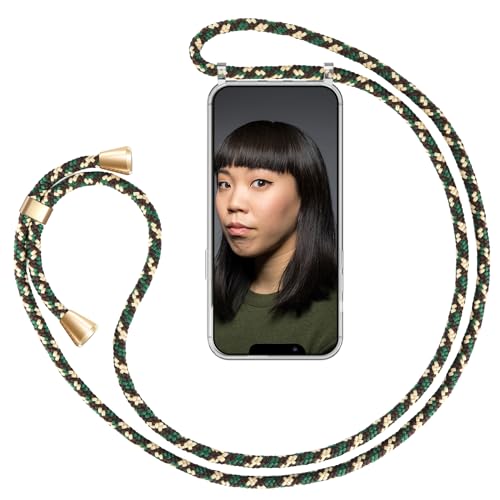 ZhinkArts Handykette kompatibel mit Apple iPhone 12/12 Pro - 6,1" Display - Smartphone Necklace Hülle mit Band - Schnur mit Case zum umhängen in Grün Camouflage von ZhinkArts