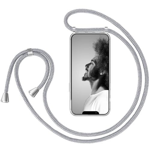 ZhinkArts Handykette kompatibel mit Apple iPhone 13-6,1" Display - Smartphone Necklace Hülle mit Band - Schnur mit Case zum umhängen in Weiß Silber von ZhinkArts