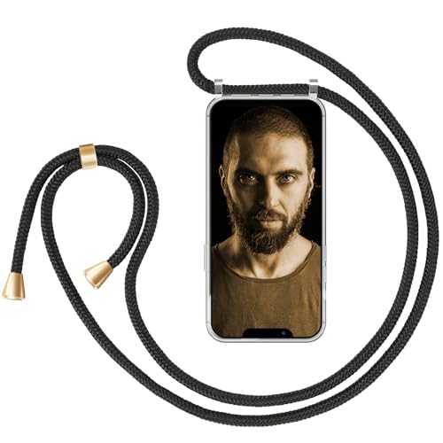 ZhinkArts Handykette kompatibel mit Apple iPhone 13 Mini - 5,4" Display - Smartphone Necklace Hülle mit Band - Schnur mit Case zum umhängen in Schwarz - Gold von ZhinkArts