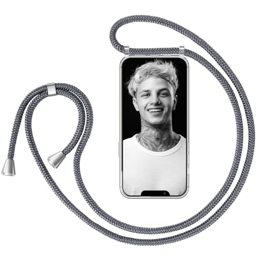 ZhinkArts Handykette kompatibel mit Apple iPhone 13 Pro Max - 6,7" Display - Smartphone Necklace Hülle mit Band - Schnur mit Case zum umhängen in Dunkelgrau von ZhinkArts