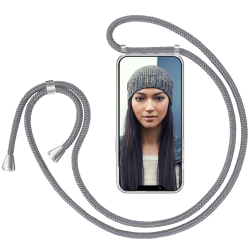 ZhinkArts Handykette kompatibel mit Apple iPhone 13 Pro Max - 6,7" Display - Smartphone Necklace Hülle mit Band - Schnur mit Case zum umhängen in Grau von ZhinkArts
