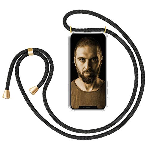 ZhinkArts Handykette kompatibel mit Apple iPhone XR - 6,1" Display - Smartphone Necklace Hülle mit Band - Handyhülle Case mit Kette zum umhängen in Schwarz - Gold von ZhinkArts