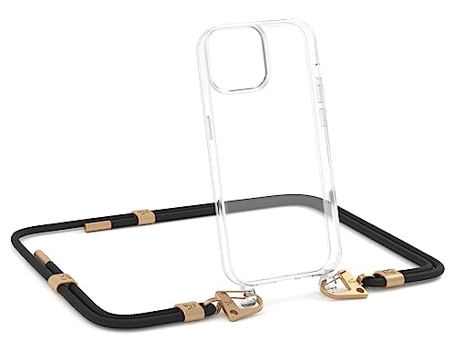ZhinkArts - Handykette kompatibel mit iPhone 13 Pro - Handyhülle zum Umhängen - Band/Schnur abnehmbar - Necklace - Karabiner - Schwarz - Gold von ZhinkArts