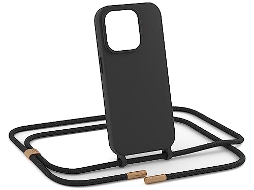 ZhinkArts - Handykette kompatibel mit iPhone 14 Pro - Handyhülle zum Umhängen - Band/Schnur abnehmbar - Necklace - Silikon - Schwarz - Gold von ZhinkArts