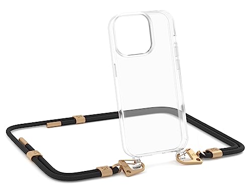 ZhinkArts - Handykette kompatibel mit iPhone 14 Pro Max - Handyhülle zum Umhängen - Band/Schnur abnehmbar - Necklace - Karabiner - Schwarz - Gold von ZhinkArts