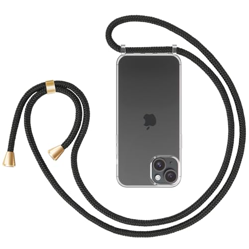 ZhinkArts - Handykette kompatibel mit iPhone 15 - Handyhülle zum Umhängen - Hülle mit Band/Schnur - Necklace - Silikon - Schwarz/Gold von ZhinkArts