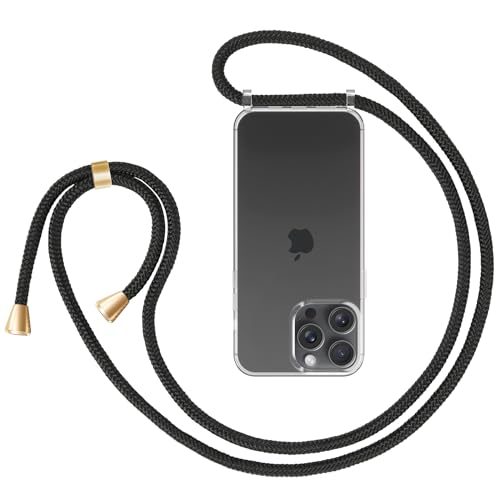 ZhinkArts - Handykette kompatibel mit iPhone 15 Pro - Handyhülle zum Umhängen - Hülle mit Band/Schnur - Necklace - Silikon - Schwarz/Gold von ZhinkArts