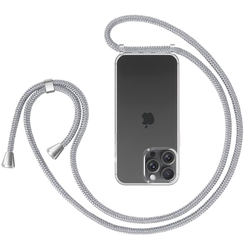ZhinkArts - Handykette kompatibel mit iPhone 15 Pro - Handyhülle zum Umhängen - Hülle mit Band/Schnur - Necklace - Silikon - Weiß Silber von ZhinkArts