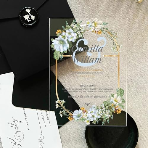 Zhongzhi Personalisierte Hochzeitseinladungen aus Acryl, personalisierbar, Geburtstag, Mitzvah, Blumendesign, personalisierte Hochzeitseinladungen (100 Stück) von Zhongzhi