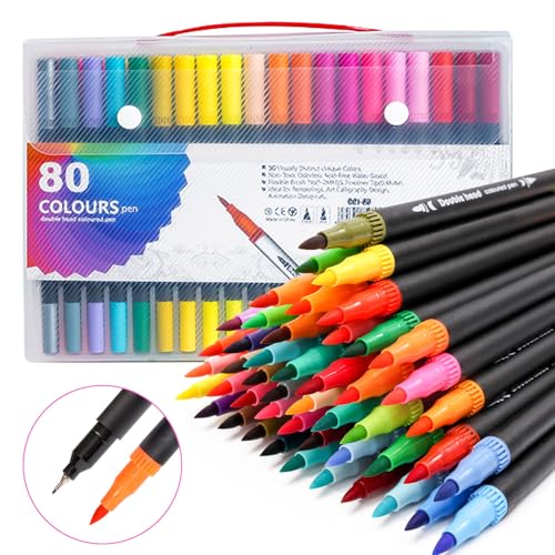 Zhufas Dual Brush Pen Set 80 Farben,Pinselstifte Set mit Tragetasche,Filzstifte Doppelseitig,Filzstifte Dicke und Dünne,Stifte für Bullet journal, Kalligraphie, Manga, Malbücher und Handlettering von Zhufas