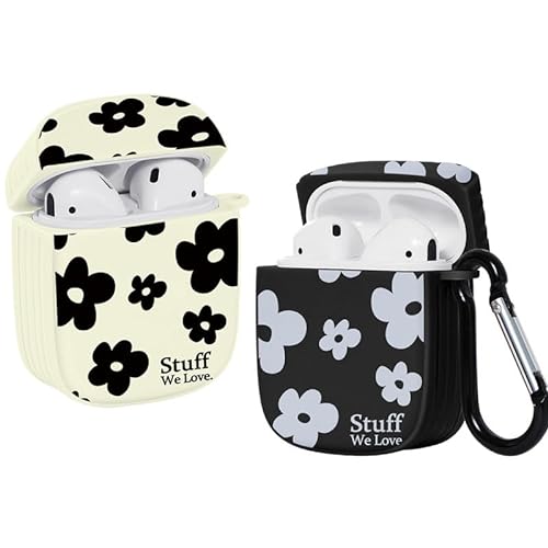 ZhuoFan [2 Stück] Cover Kompatibel mit Apple AirPods 2 & 1 Silikon Case Cute, Schwarz-Weiss Blume Muster Airpods Hülle Kopfhörer Taschen Case mit Schlüsselanhänger Stoßfeste für Mädchen Frau von ZhuoFan