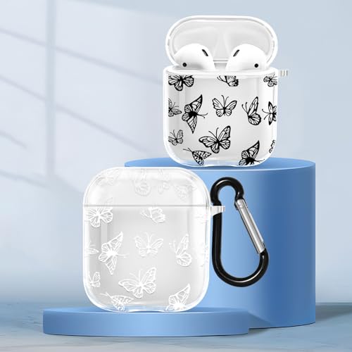 ZhuoFan [2 Stück] Cover Kompatibel mit Apple AirPods 2 & 1 Silikon Case Cute, Transparent Schmetterling Muster Airpods Hülle Kopfhörer Taschen Case mit Schlüsselanhänger Stoßfeste für Mädchen Frau von ZhuoFan