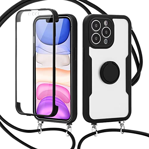 ZhuoFan Handykette Hülle für Apple iPhone 11 6,1", Full Body Case mit 360 Grad Ring Ständermit mit Kordel zum Umhängen mit Integriertem Displayschutz Silikon Stoßfest Schutzhülle, Schwarz 02 von ZhuoFan