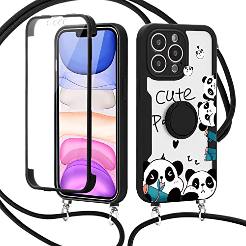ZhuoFan Handykette Hülle für Apple iPhone 7/8/SE 2020/SE 2022 4,7", Full Body Case mit 360 Grad Ring Ständermit mit Kordel zum Umhängen mit Integriertem Displayschutz Stoßfest Schutzhülle, Panda von ZhuoFan