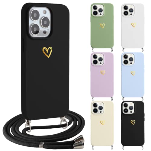 ZhuoFan Handykette Hülle für Huawei P30 Lite/P30 lite New Edition/Huawei Nova 4E Hüll 6,15", Schutzhülle Silikon mit Band Kordel Muster aus goldenen Herzen umhängen Stoßfestes Cover，Schwarz von ZhuoFan