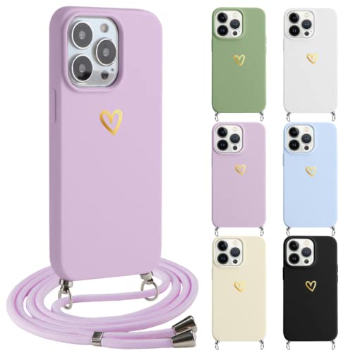 ZhuoFan Handykette Hülle für Samsung Galaxy A40 Hüll 5,9", Schutzhülle Silikon mit Band Kordel Muster aus goldenen Herzen umhängen Stoßfestes Mädchen Smartphone Cover，Lila von ZhuoFan