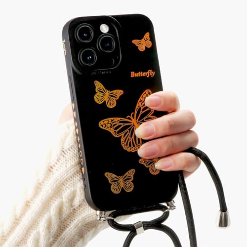 ZhuoFan Handykette Hülle für iPhone 12 6,1" mit Band, Aesthetic Schmetterling Muster Handyhülle, Schwarz Weiche TPU Silikon Stoßfest Kameraschutz Schutzhülle mit Kordel zum Umhängen für Mädchen von ZhuoFan