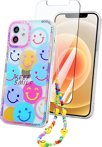 ZhuoFan Handykette Klare Handyhülle für iPhone 12 Mini 5.4'' hülle mit Band + Schutzfolie, Durchsichtig Muster Schutzhülle mit Kette Kordel, Soft TPU Silikon Stoßfest Transparent Case, Smile von ZhuoFan