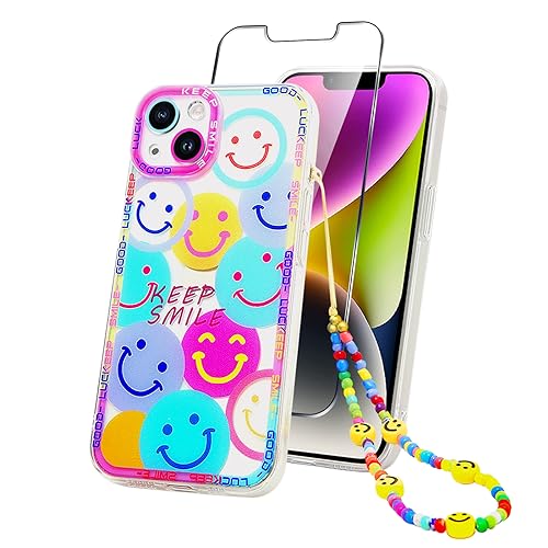 ZhuoFan Handykette Klare Handyhülle für iPhone 14 6,1'' Hülle mit Band + Schutzfolie, Durchsichtig Muster Schutzhülle mit Kette Kordel, Soft TPU Silikon Stoßfest für iPhone 14 Transparent Case, Smile von ZhuoFan