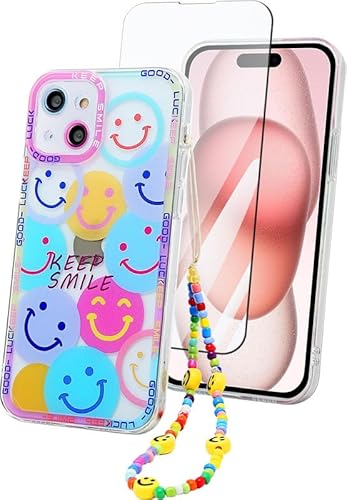 ZhuoFan Handykette Klare Handyhülle für iPhone 15 Plus 6.7'' hülle mit Band + Schutzfolie, Durchsichtig Muster Schutzhülle mit Kette Kordel, Soft TPU Silikon Stoßfest Transparent Case, Smile von ZhuoFan