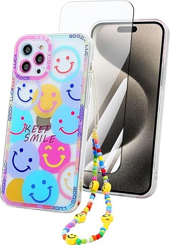 ZhuoFan Handykette Klare Handyhülle für iPhone 15 Pro Max 6.7'' hülle mit Band + Schutzfolie, Durchsichtig Muster Schutzhülle mit Kette Kordel, Soft TPU Silikon Stoßfest Transparent Case, Smile von ZhuoFan