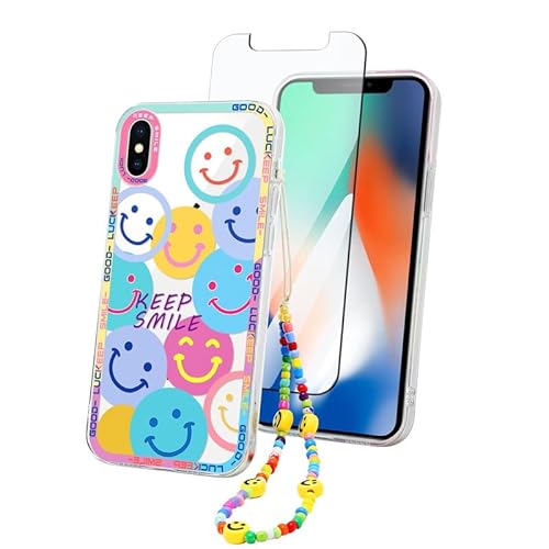 ZhuoFan Handykette Klare Handyhülle für iPhone X/XS 5.8'' hülle mit Band + Schutzfolie, Durchsichtig Muster Schutzhülle mit Kette Kordel, Soft Silikon Stoßfest für iPhone X/XS Transparent Case, Smile von ZhuoFan