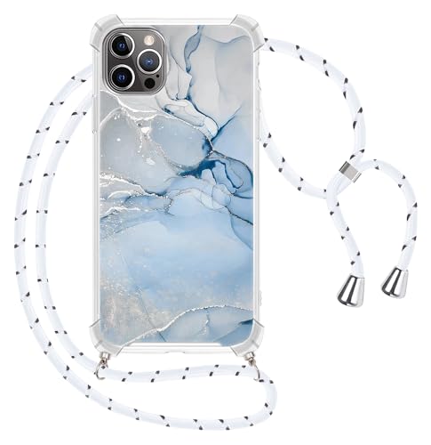 ZhuoFan Handykette für iPhone 15 Hülle mit Band, Transparent Aesthetic Marmor Muster Handyhülle mit Kordel zum umhängen Weiß Necklace Case, Silikon + PC Stoßfest Schutzhülle, Blau von ZhuoFan