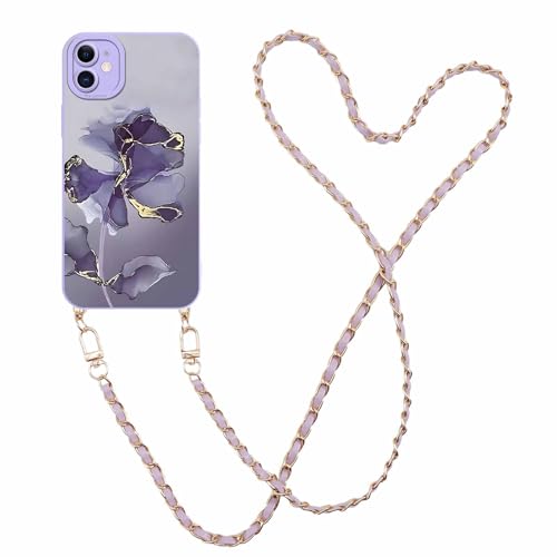 ZhuoFan Hülle Matte mit Band Metallkette für iPhone 11 6,1” Handyhülle, Aesthetic Marmor Muster Lila Schutzhülle zum Umhängen Weich Silikon Case Stoßfest Kratzfest Bumper Cover, 09 von ZhuoFan