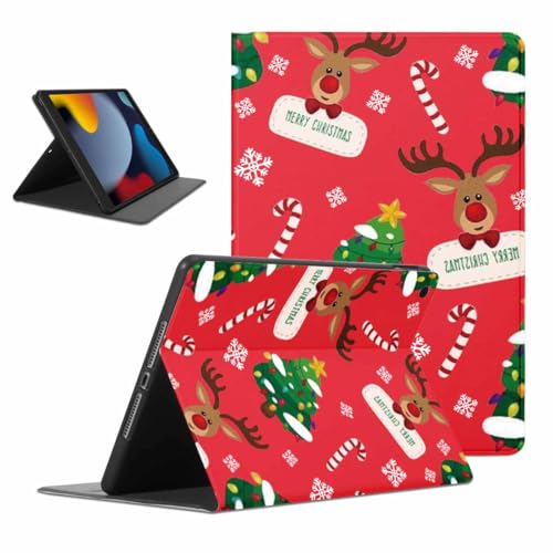 ZhuoFan Hülle für iPad 9./8./7. Generation, Aesthetic Weihnachtselch Motiv Design Ultra Dünn Leicht SchutzHülle mit Standfunktion TPU Rücken Slim PU Leder Christmas Tablet Cover, Rot von ZhuoFan