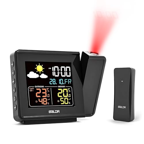 Zhwidnerso Wetterstation Funk mit Außensensor, Funkwetterstation mit Wettervorhersage, Thermometer Hygrometer, Digital Farbdisplay DCF Funkuhr mit Projektion und Wecker, für Lnnen und Außen(Schwarz) von Zhwidnerso