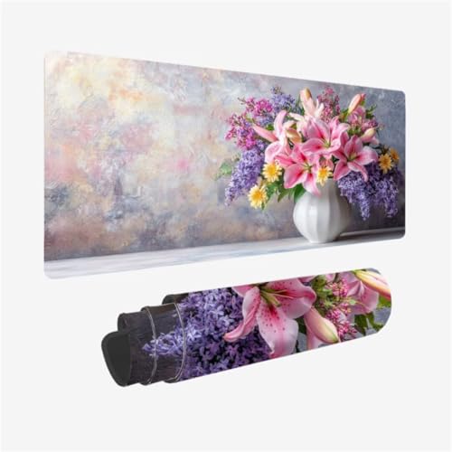 Gaming Mauspad XXL 900 x 400 mm, Lavendel Mousepad Blume Muster mit rutschfeste Gummibasis, Großes Mousepad Gaming Zubehör für Verbessert Präzision und Geschwindigkeix, Geschenke für Frauen,Model16 von Zhxizscc