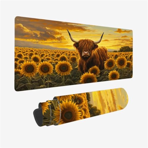 Mousepad 800x400mm Mauspad Hochlandrinder Schreibtischunterlage Sonnenblume Muster mit rutschfeste Gummibasis, Vernähte Kanten, WassXerdicht Desk Mat, Anti-Rutsch, Waschbar, Gaming Zubehör,Model126 von Zhxizscc