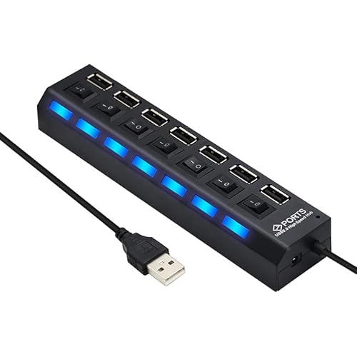 Ziyan USB Hub 7-Port,Tragbar USB 2.0 Hub mit Einzelnen LED-Netzschaltern fur Laptop, PC, MacBook und weitere USB Geräte von ZiYan