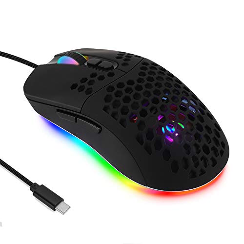 Zienstar-Kabelgebundene USB C Gaming Mäuse,Leichte Wabenschale,7200DPI,RGB-Leuchten für Apple MacBook,Computer oder Laptops mit Typ C Port-Mattschwarz von Zienstar