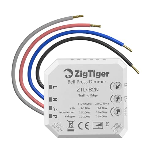 Zigtiger dimmer für led lampen ohne N-Anschluss, led dimmer trailing edge geeignet für LED 5-250W, HAL/INC 10-400W, Hinterkante, schwarz (WHITE) von Zigtiger